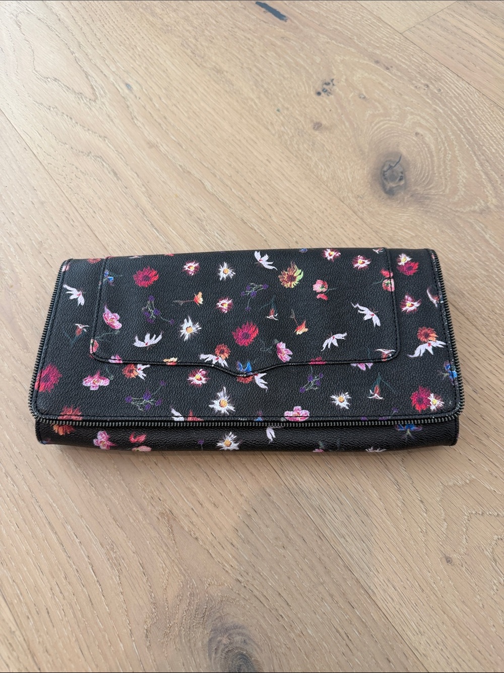 Rebecca Minkoff Black Floral Zip-Around Wallet with Multicolor Blooms